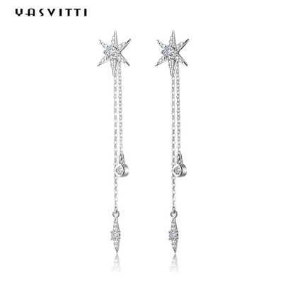 73.5mm 0.1oz Sterling Silver Jewelry Earrings S925 Silver Star Diamond Tassel Earrings