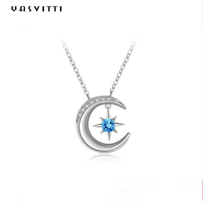 0.69ft 2g Moon Star Pendant Necklace Trendy Topaz Solid Silver Heart Necklace