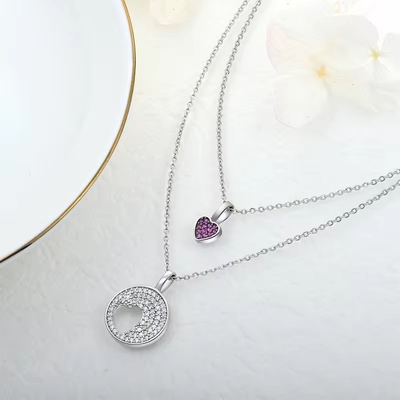 YASVITTI Rhodium Plated CZ Women 925 Sterling Silver Zircon Jewelry Customized Romantic Pink Heart Charm Necklace