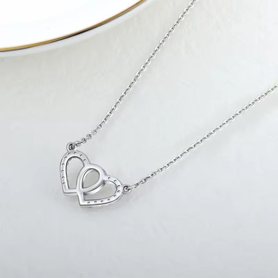 YASVITTI White Cubic Zirconia Trendy Rhodium Plated 925 Double Sterling Silver Heart Necklace Jewelry For Valentine Gift