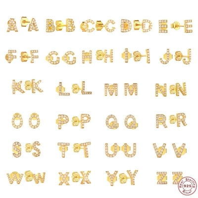 Fashion Sterling Silver A-z Alphabet Earrings 18k Gold Plated 925 Silver Letter Stud Earrings