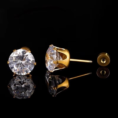 Fashionable Titanium Steel Fine Needle Stainless Steel Earrings Round 18k Gold-plated Zircon Earrings