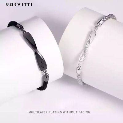8.7in 7g Sterling Silver Jewelry Bracelets 3A CZ Black String Bracelet