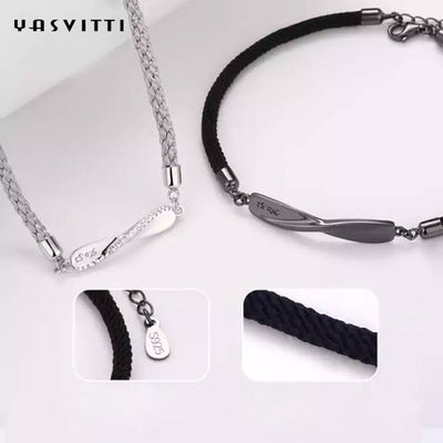 8.7in 7g Sterling Silver Jewelry Bracelets 3A CZ Black String Bracelet