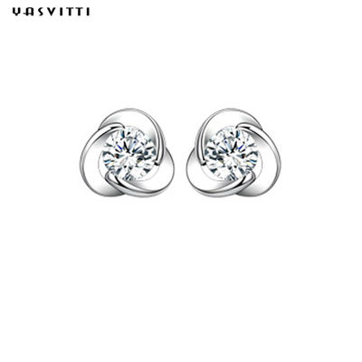 925 Sterling Silver Clover Zircon Earrings Flower Zircon Stud Earrings Simple Clover Diamond Earrings