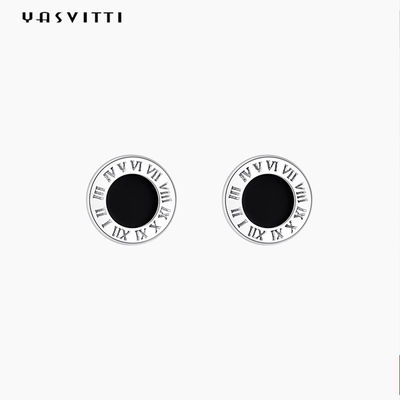 Stainless Steel Round Black Enameled Roman Numbers Stud Earrings