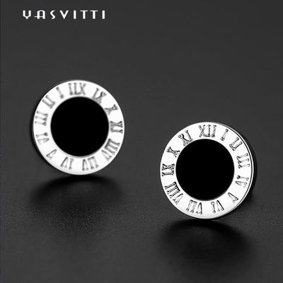 Stainless Steel Round Black Enameled Roman Numbers Stud Earrings