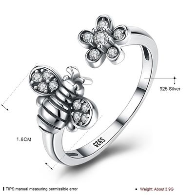 Sterling Silver 925 Adjustable  Bee Cute Flower Ring