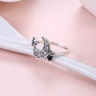 Dainty Star And Crescent Moon Open Ring 925 Sterling Silver For Women Teen Girls Crystal Eternity Rings