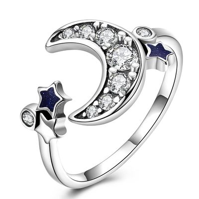 Dainty Star And Crescent Moon Open Ring 925 Sterling Silver For Women Teen Girls Crystal Eternity Rings