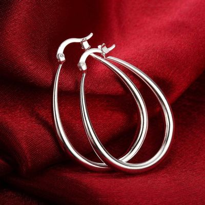 Platinum Plated Smooth Circle 14k Gold Hoops 30×21mm For Women Lady