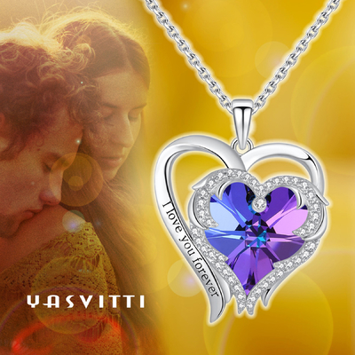 Hypoallergenic 925 Sterling Silver Heart Pendant Necklace Austrian crystal Purple Crystal